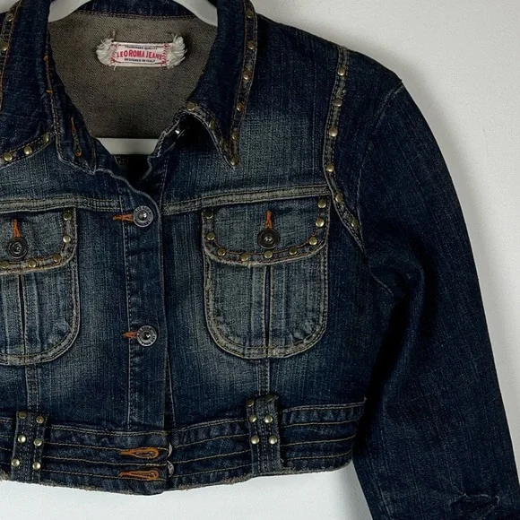 Vintage | Leo Roma 90s Grunge Studded Ultra Cropped Denim Bolero Jacket | M - Picture 3 of 11